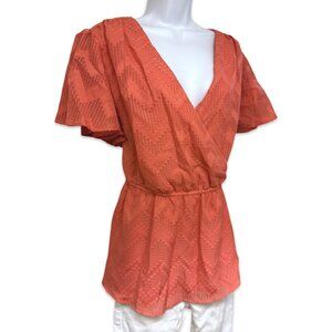 Lane Bryant Plus Size Coral Peplum Wrap Blouse with Flutter Sleeves - 14/16